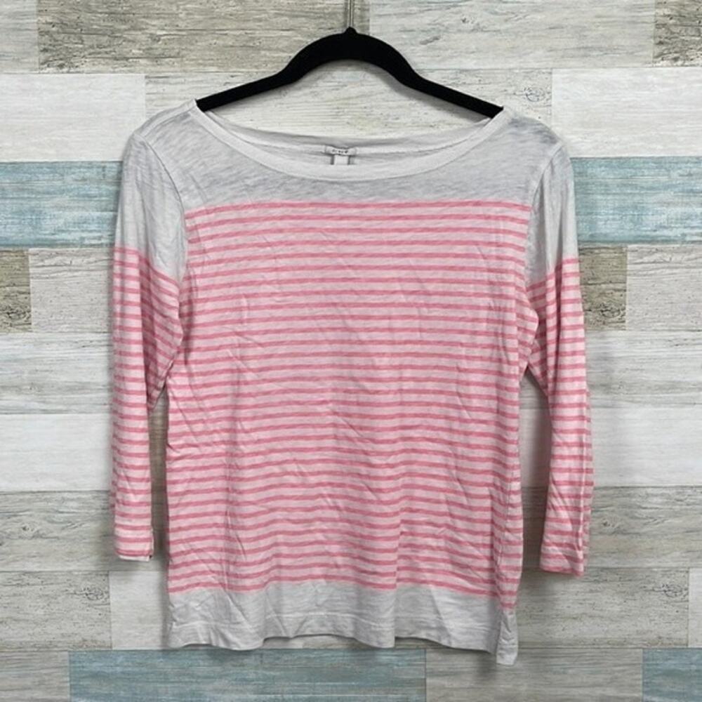 J CREW Striped Boatneck Tee White Pink 3/4 Sleeve Womens XS